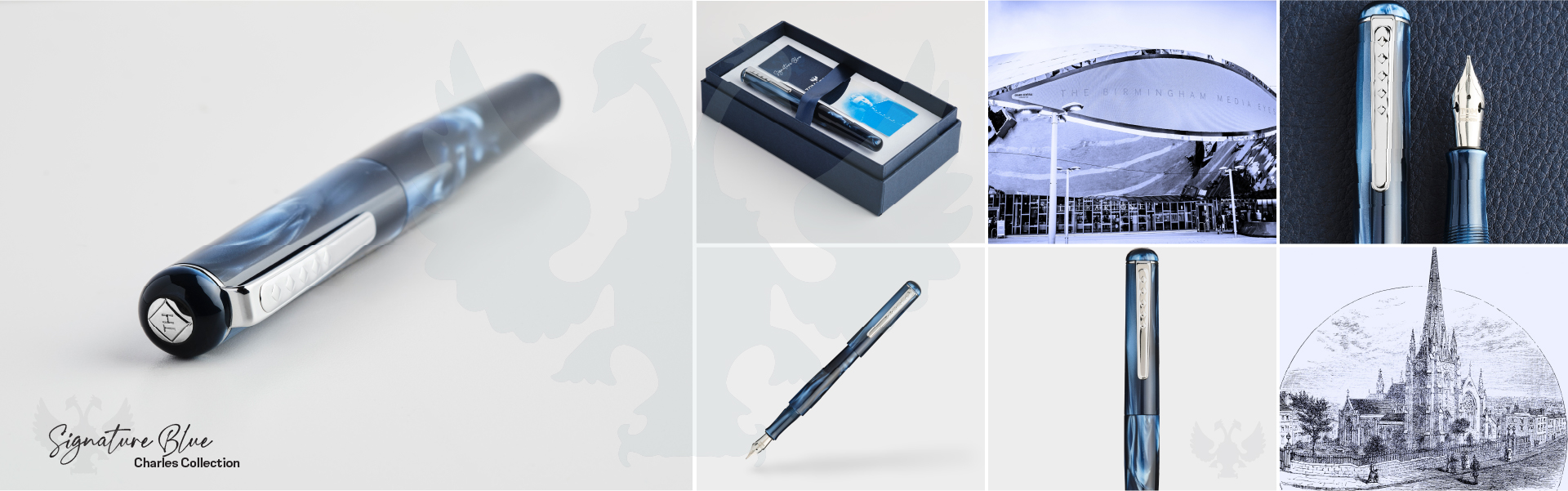 Image collage depicting Signature Blue fountain pen and sites of heritage from Birmingham UK.