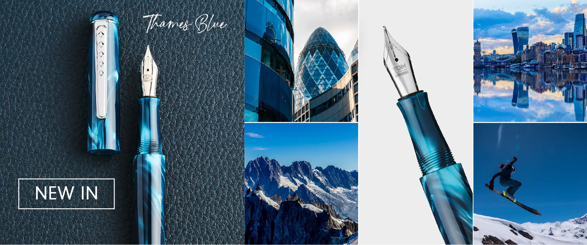 Image collage depicting Thames Blue fountain pen and sites in London with a blue filter.